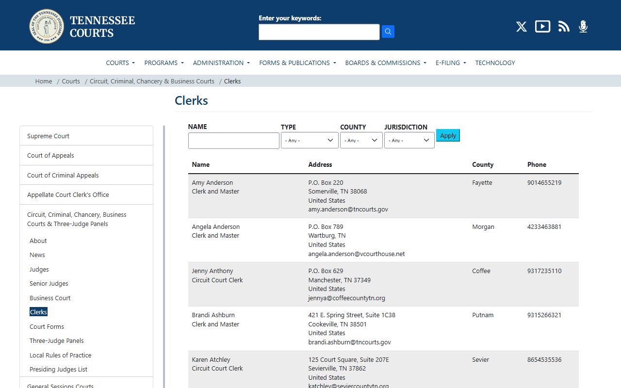 Tennessee Family Court Records clerks directory